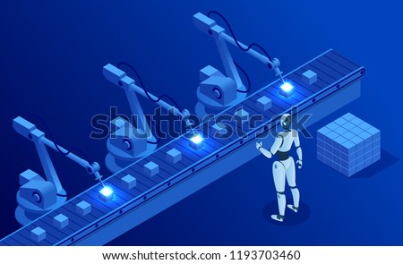 Isometric Industry 4.0 concept. Artificial intelligence. Digital manufacturing operation. Humanoid Robot with AI check and control welding robotics automatic arms machine. Vector illustration