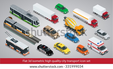 Flat 3d isometric high quality city transport icon set. Subway train, Building mixer, ambulance, Police, taxi, truck, trolleybus, safari travel car, Mini, tram, Oil Tanker.