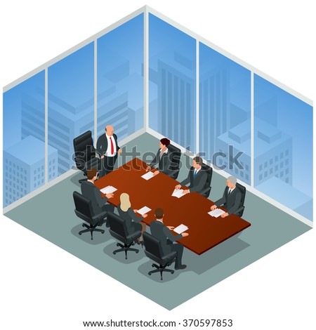 Business meeting in a modern office. Speaker at Business Conference and Presentation. Business People on a Meeting. Flat 3d vector isometric illustration