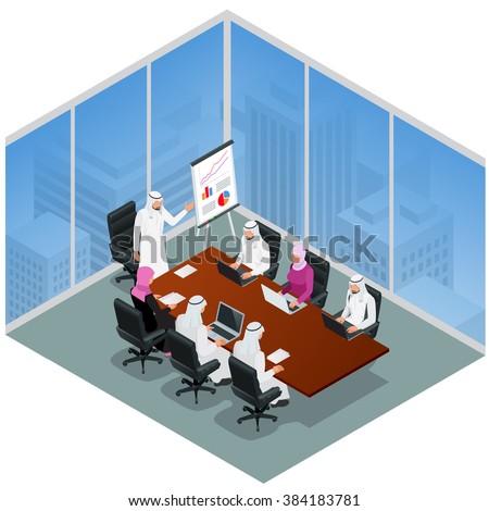 Business meeting concept, International Business, Arabic businessman presenting his ideas to colleagues for success investments at bright modern office room. 3d flat isometric vector illustration
