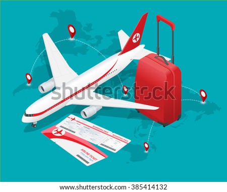 Travel and tourism background. Flat 3d Vector illustration. Buying or booking online tickets. Travel, business flights worldwide. Internation flights. Flat 3d isometric vector illustration