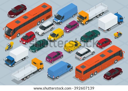 Car icons. Flat 3d isometric high quality city transport car icon set. Car, van, cargo truck,  off-road, bus, scooter, motorbike, riders. Transport set. Set of urban public and freight transport