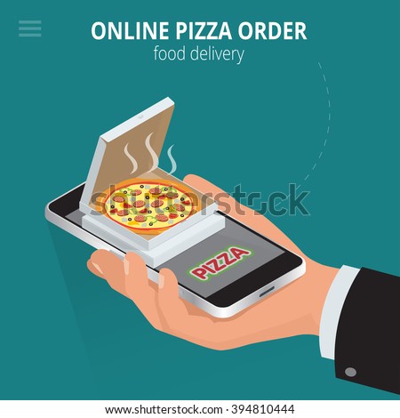 Online pizza. Ecommerce concept: order food online website. Fast food pizza delivery online  service. Flat 3d isometric vector illustration.