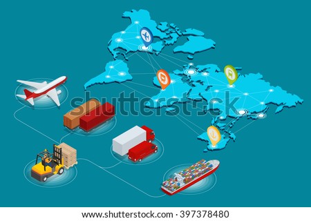 Global logistics network Web site concept Flat 3d isometric vector illustration Air cargo trucking rail transportation maritime shipping On-time delivery Vehicles designed to carry large numbers cargo