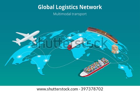 Global logistics network. Flat 3d isometric vector illustration Air cargo trucking rail transportation maritime shipping. On-time delivery. Vehicles designed to carry large numbers cargo