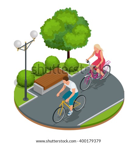 Cyclists on bicycle. Riding bicycle outdoors at summer. Bicycle and bicycling. Fitness, sport, people and healthy lifestyle concept. Flat 3d vector isometric illustration