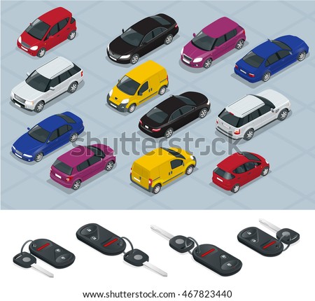 Car and Carkeys icons. Flat 3d isometric vector high quality city transport car icon set.