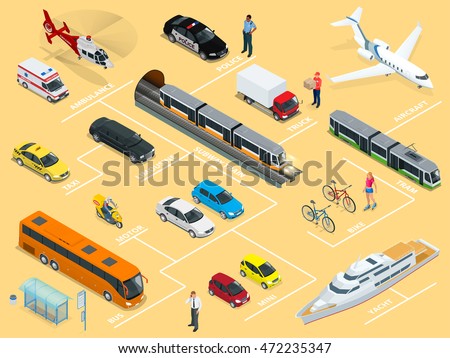 Flat 3d isometric high quality city transport car icon set. Set of urban public and freight transport