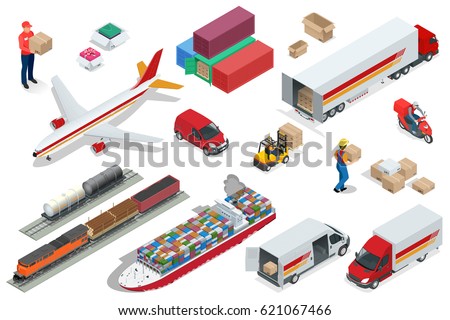 Isometric Logistics icons set of different transportation distribution vehicles, delivery elements. Air cargo trucking, rail transportation, maritime shipping, Vehicles designed to carry large numbers