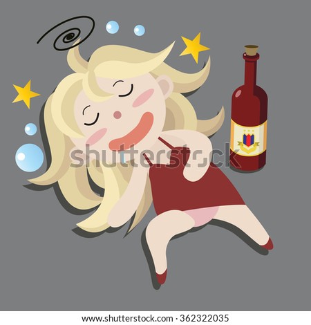 Drunk Woman Lie Down On Street After Drink Alcohol Cartoon Vector