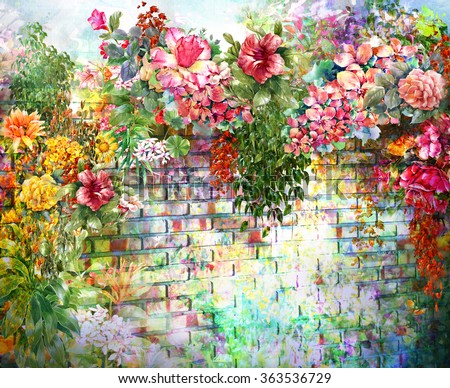 Abstract flowers on Wall  watercolor painting. Spring multicolored flowers