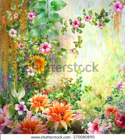Abstract flowers watercolor painting. Spring multicolored flowers