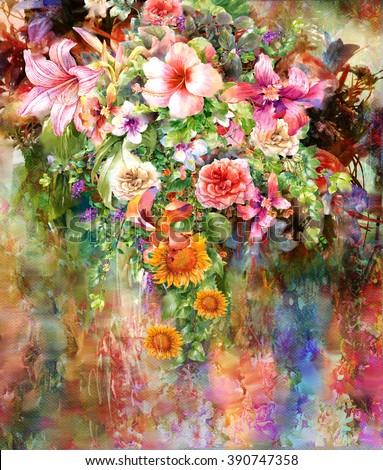 Abstract flowers watercolor painting. Spring multicolored flowers