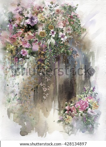 Abstract flowers on Wall watercolor painting. Spring multicolored flowers