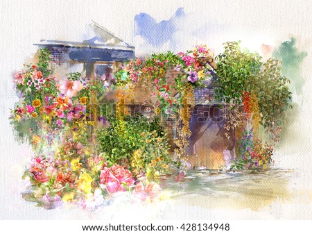 Abstract flowers on Wall, roof  watercolor painting. Spring multicolored flowers