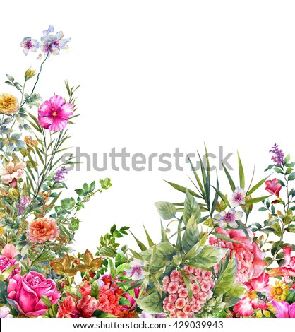Abstract flowers watercolor painting. Spring multicolored flowers on white background
