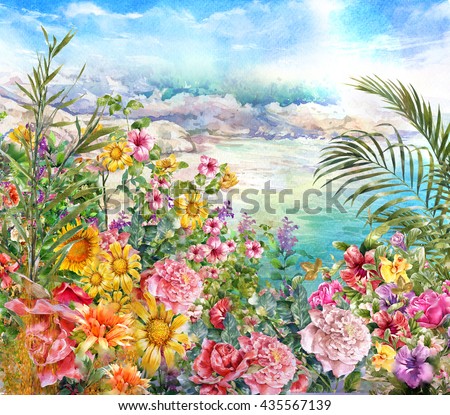 Abstract flowers watercolor painting. Spring multicolored near the sea