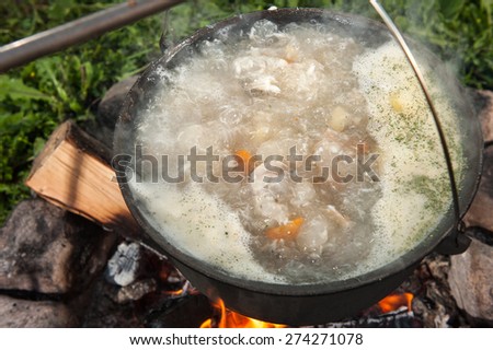 Cooking fish soup in a pan on the fire