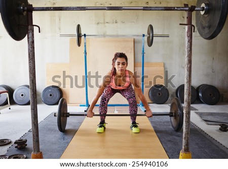 Beautiful woman in a private gym lifting weights in a focussed and serious manner
