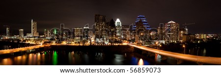 Downtown Austin Texas Cityscape at night from across Lady Bird Lake formally known as Town Lake