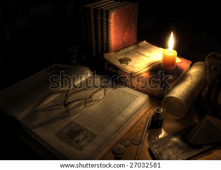Still life of desktop with pen and ink, candle,map and sand glass. Antique setting.