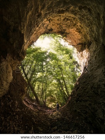 cave in forest with man