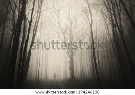 man walking past a huge old tree in a dark spooky forest