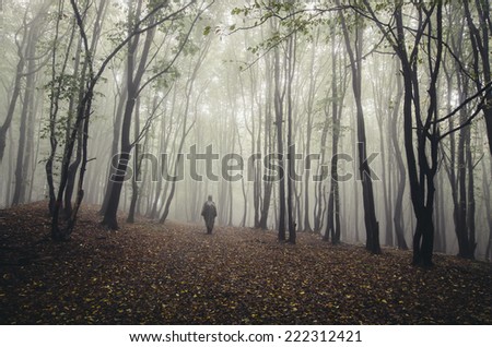 mysterious man walking in forest in autumn