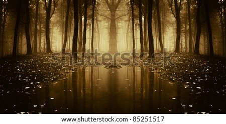 fantasy autumn forest with trees reflecting in water