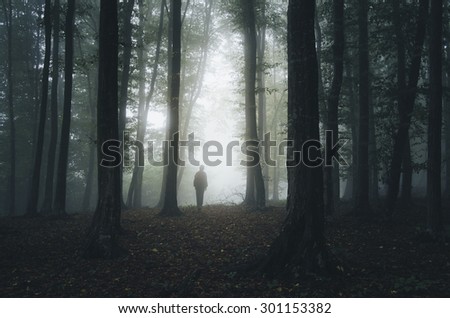 scary forest with mysterious man silhouette