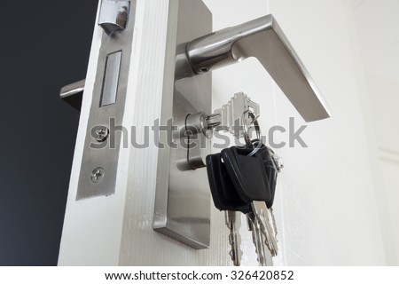 Key in keyhole on white door