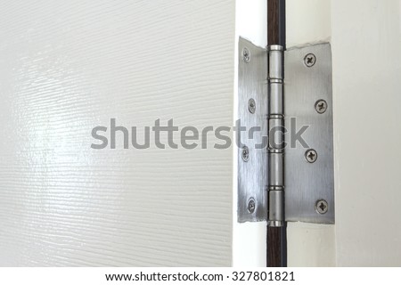 Stainless door hinges on a white door