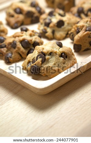 Chocolate chip cookies on wood table