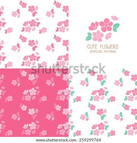 Set of Seamless Patterns with Cute Flowers, pink flowers, vector illustration