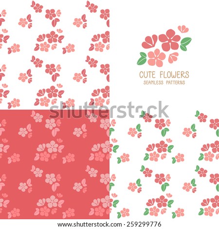 Set of Seamless Patterns with Cute Flowers, red flowers, vector illustration