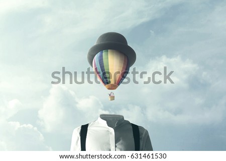man with big balloon fly on his head, surreal concept