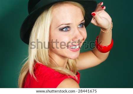 Young woman in green bonnet