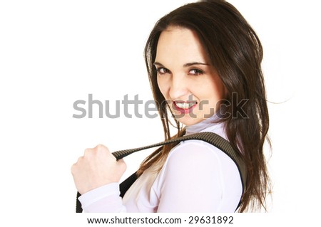 portrait of smiling young woman with suspenders
