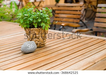 Wooden table decorated with flower pot in a garden cafÃ©; Open-air restaurant; Gastronomy sector