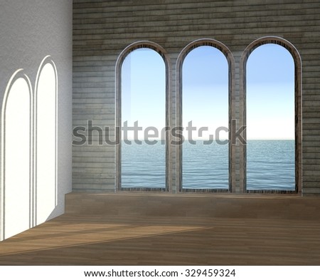 3D illustration of the empty dream room with sun light, wood floor and big windows with amazing sea view