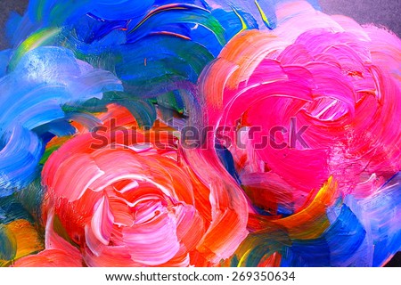 Abstract acrylic painting - flowers on the black background. Two red roses on blue. Backgrounds & textures shop.