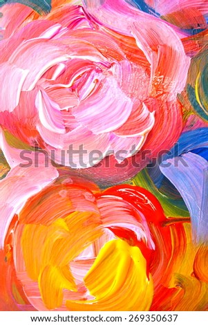 Abstract acrylic painting - flowers on the black background. Yellow and pink rose. Backgrounds & textures shop.