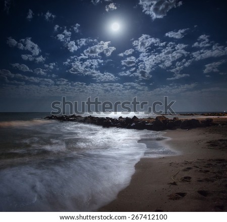 Beautiful summer night on the sea in Ukraine. Full moon