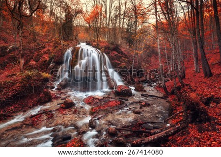 Beautiful waterfall with trees, red leaves, rocks and stones in autumn forest. Silver Stream Waterfall (Autumn forest in Crimea)