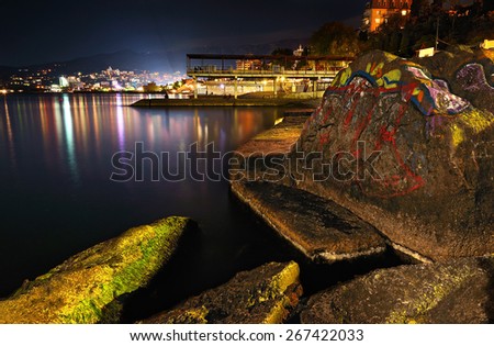 Mountains city at night. Black sea in Crimea