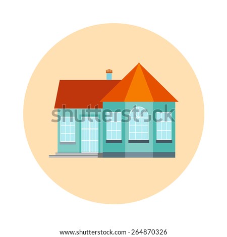 Vector house, home symbol. Flat design icon. Architecture estate illustration. Building with trees, door, windows. Blue, green, yellow, orange, pink, red colors.