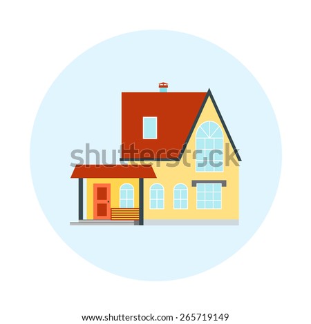 Vector house, home symbol. Flat design icon. Architecture estate illustration. Building with trees, door, windows. Blue, red, yellow, colors.