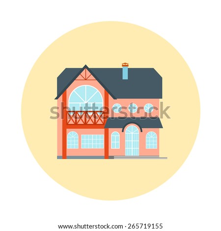 Vector house, home symbol. Flat design icon. Architecture estate illustration. Building with trees, door, windows. Blue, yellow, red colors.