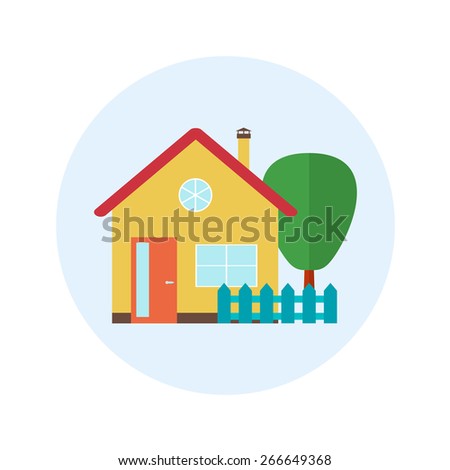 Vector house, home symbol. Flat design icon. Architecture estate illustration. Building with trees, door, windows. Blue, green, yellow, red, brown colors.