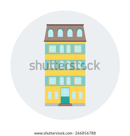 Building house vector icon. City urban architecture for business, home, office, appartment. Town residential estate. Yellow, green, blue colors. For flat design cityscape.